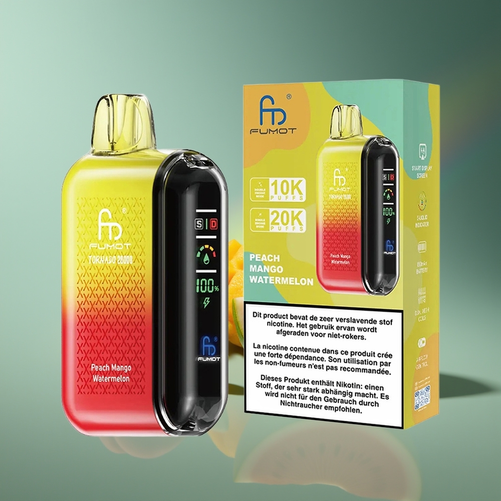 Wholesale Lithuania Fumot Tornado 20000 Pufų Persikas Mango Arbūzas Dual Mesh Coil Smart Display