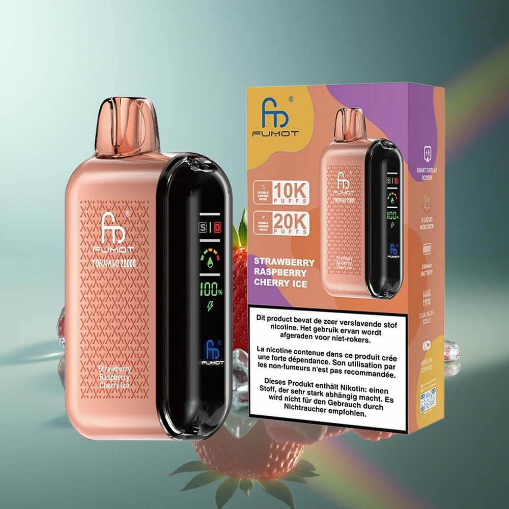 Wholesale Lithuania Fumot Tornado 20000 Puffs Braškė Avietė Vyšnia Ledas Dual Mesh Coil Smart Display