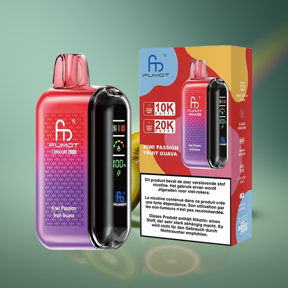 Wholesale Lithuania Fumot Tornado 20000 Puffs Kiwi Pasiflora Gvajava Dual Mesh Coil Smart Display