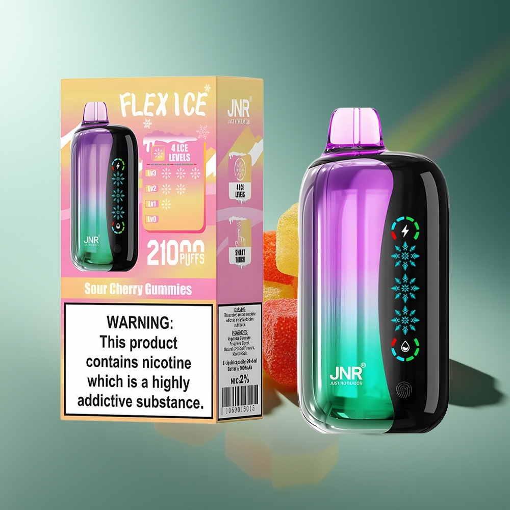 Wholesale Lithuania JNR Flex Ice 21000 Puffs Rūgščiosios vyšnių gummiukai Customizable Airflow Type-C Charging Port