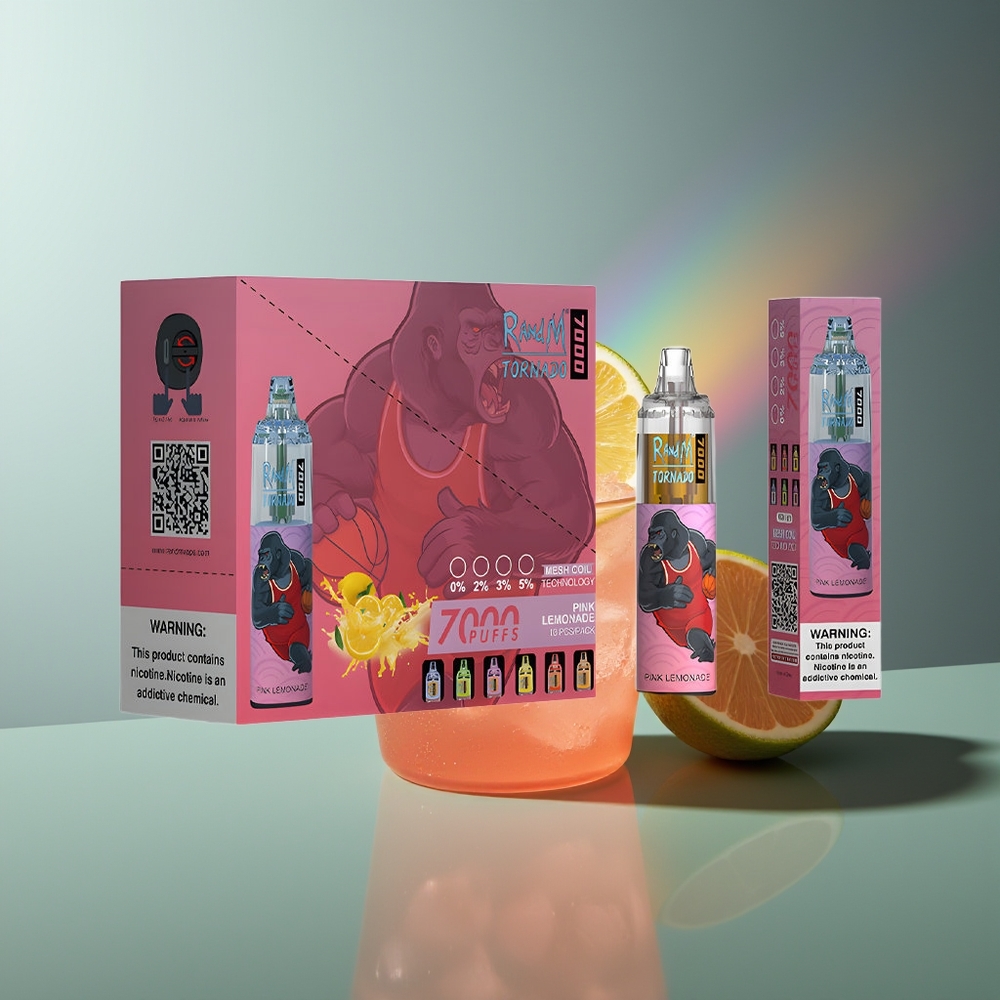 Wholesale Lithuania RandM Fumot Tornado 7000 Pūsų 14ML Rožinė Limonada Type-C Portas RGB Light