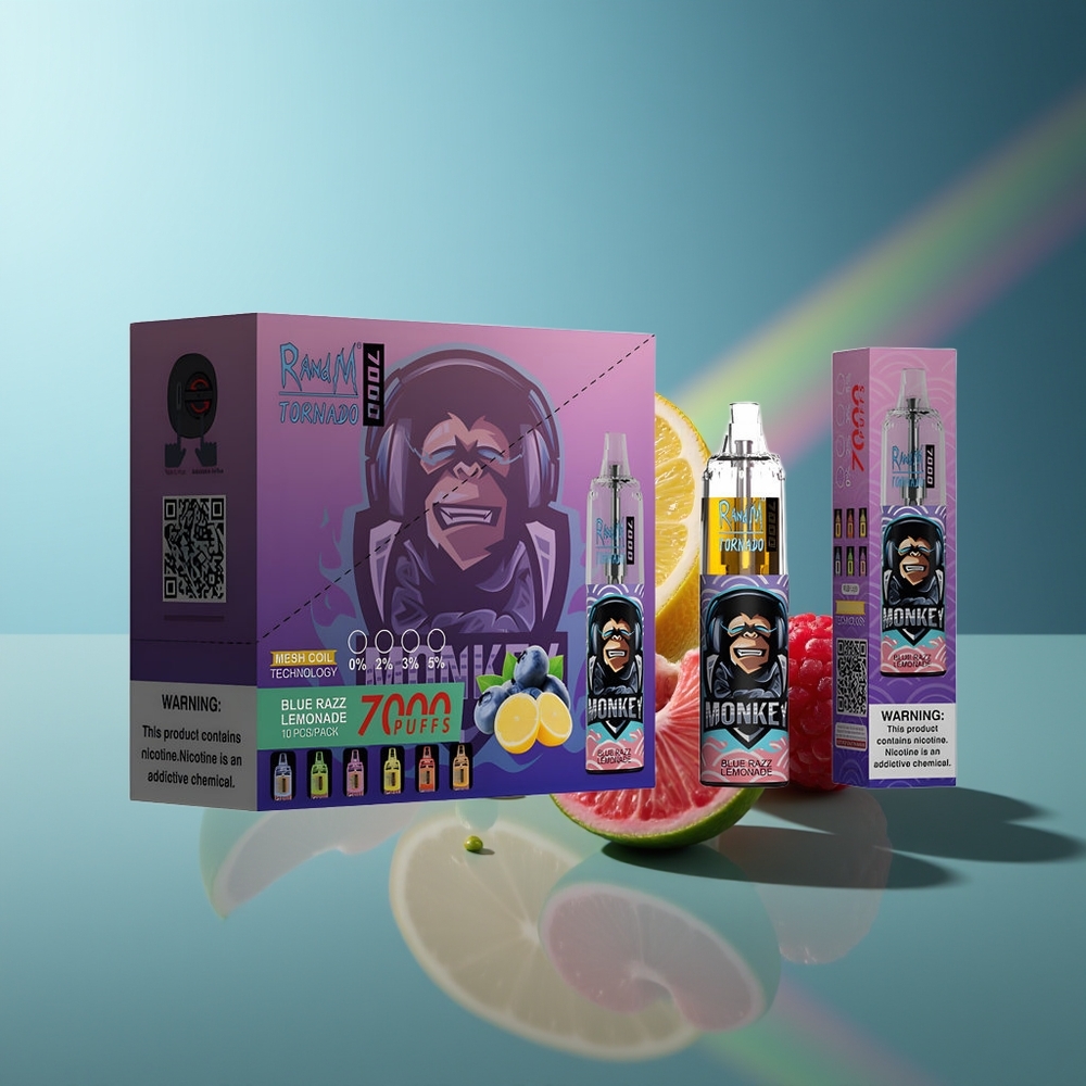 Wholesale Lithuania RandM Fumot Tornado 7000 Pūslių Mėlyna Avietė Citrinų Gėrimas Type-C Port RGB Light