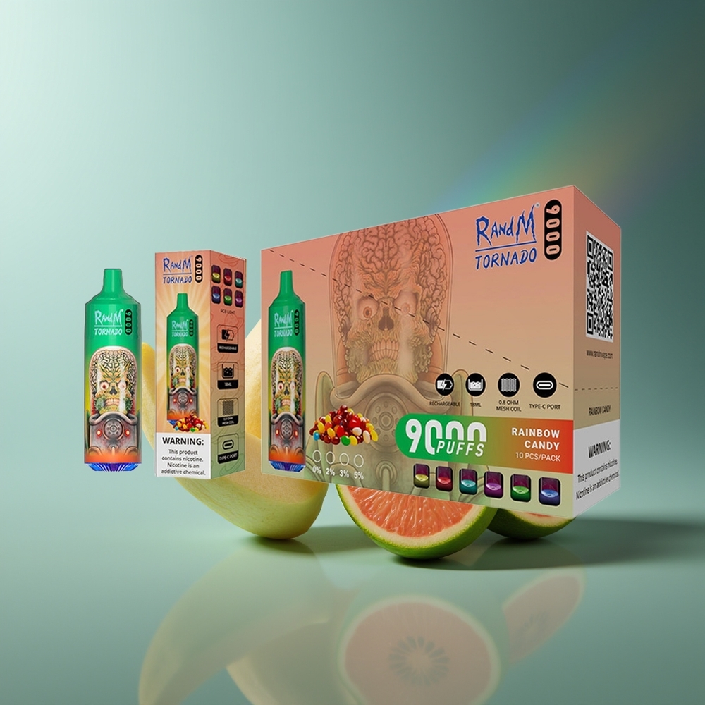 Wholesale Lithuania RandM Fumot Tornado 9000 Puffs Vaivorykštės Saldainiai 18mL RGB Displays