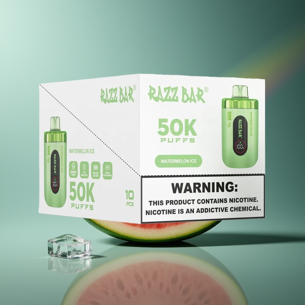 Wholesale Lithuania Razz Bar 50K Puffs Arbūzas Ledas Vienkartinės Elektroninės Cigaretės 1.0 Ohm Mesh Coil 2% Nicotine Content